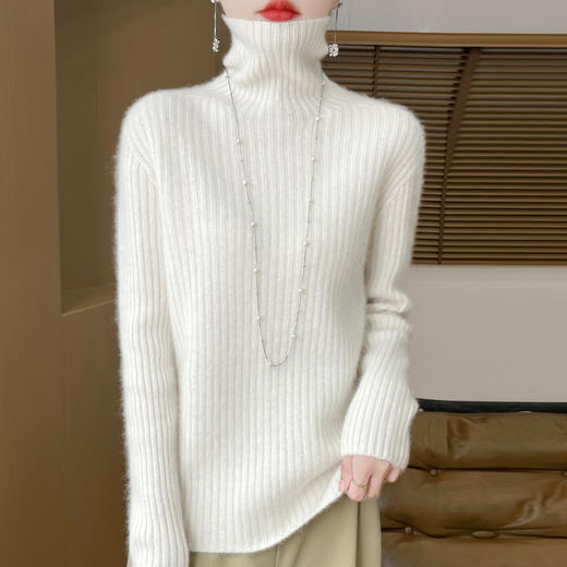 雀说100纯羊毛无缝一体重磅七针加厚高领坑条女士毛衣ALD23965 商品图3