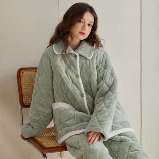 芬腾夹棉睡衣 男女款 冬季加厚加绒三层超厚棉袄 保暖套装 珊瑚绒家居服 商品图10