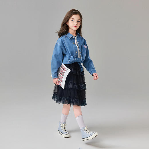 笛莎Deesha 童装女童外套2025春新款明线分割皮标牛仔外套 商品图2