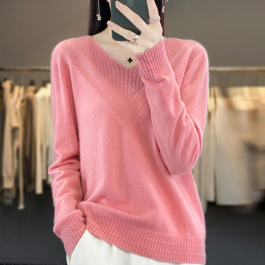 丁摩 秋冬新款100%纯羊毛衫女V领套头针织上衣内搭打底衫羊绒毛衣4ZF-m090 商品图3