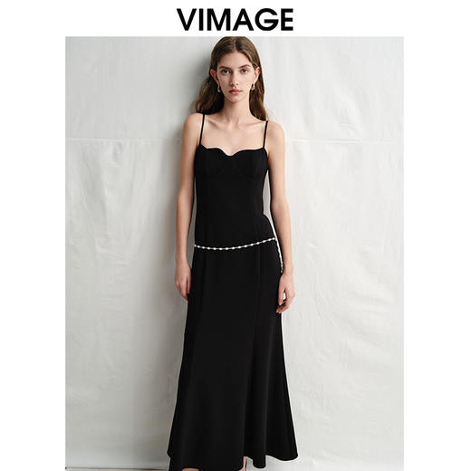 VIMAGE纬漫纪设计感抹胸细吊带黑色鱼尾轻礼服连衣裙2025春季新款V2377901 商品图0