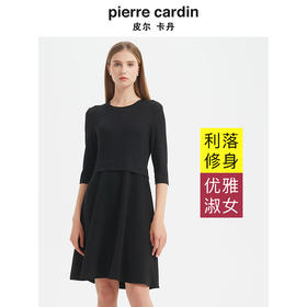 皮尔卡丹女装连衣裙 通勤淑女经典圆领修身小黑裙C44DL82B0
