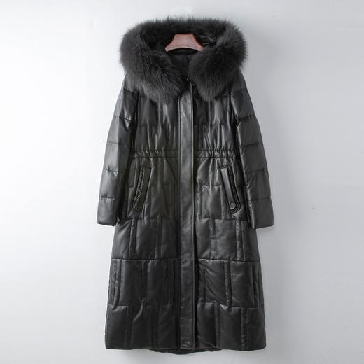 丁摩 100%绵羊皮狐狸毛领连帽鹅绒皮羽绒服女式真皮皮衣外套4ZF-77052B 商品图6