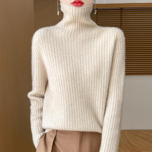 雀说100纯羊毛无缝一体重磅七针加厚高领坑条女士毛衣ALD23965 商品图0