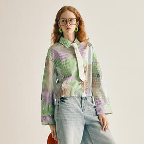 谜底印花衬衫长袖女2025春季新款复古风花色短款棉衬衣255MC6025