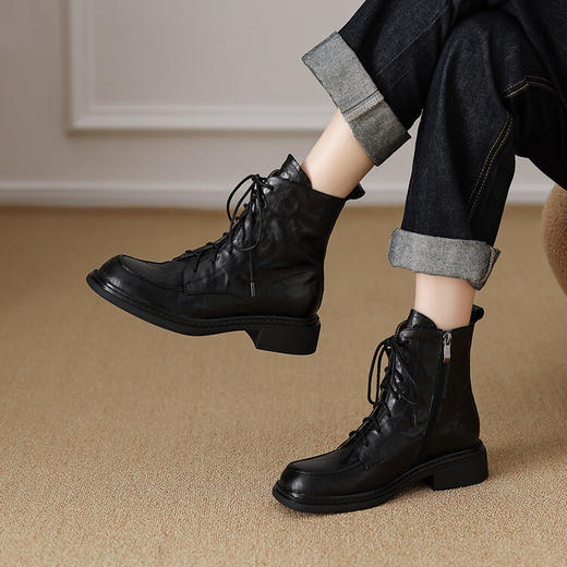 【预售5天】舒适4cm羊皮系带短靴，粗跟中跟圆头马丁靴XH&F7534 商品图0