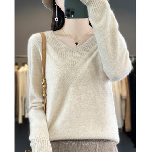 丁摩 秋冬新款100%纯羊毛衫女V领套头针织上衣内搭打底衫羊绒毛衣4ZF-m090 商品图0