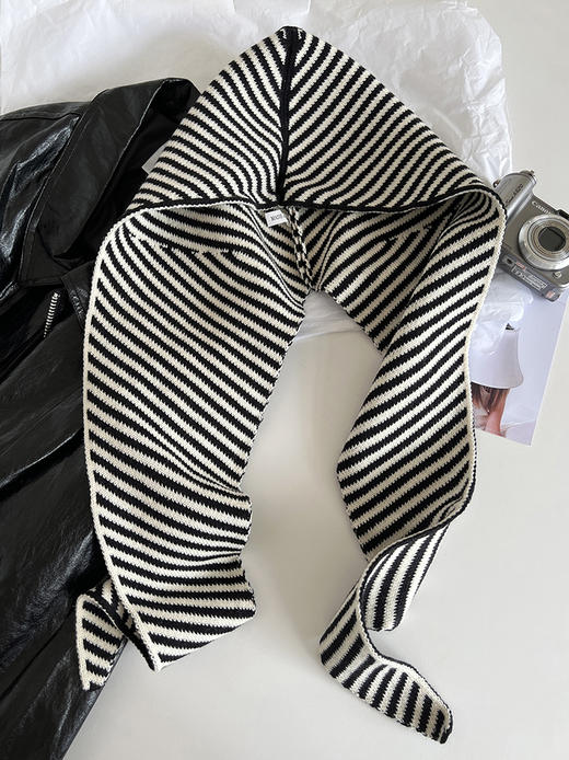 丁摩 多种风格秋冬韩版条纹帽子围巾一体女保暖披肩围脖毛线针织帽连帽4ZF-123003 商品图6