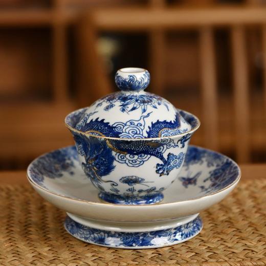 鱼化龙纳福陶瓷茶壶一壶两杯功夫茶具套装家用大容量泡茶壶茶杯成艺-鱼化龙纳福三才盖碗 商品图0