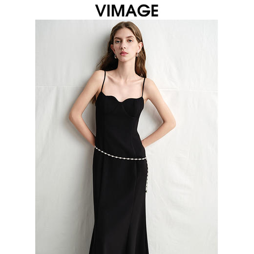 VIMAGE纬漫纪设计感抹胸细吊带黑色鱼尾轻礼服连衣裙2025春季新款V2377901 商品图2