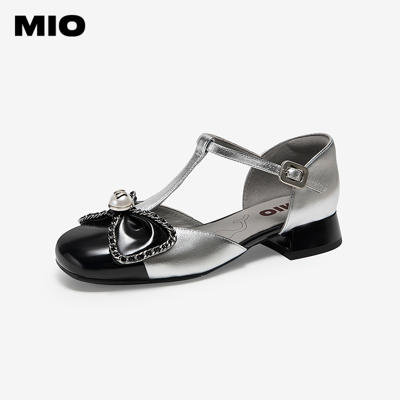 MIO米奥女鞋小香风凉鞋春夏新款甜美链条蝴蝶结法式浅口单鞋皮鞋M252240712
