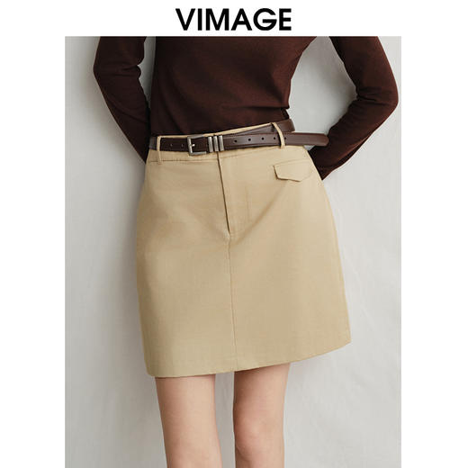 VIMAGE纬漫纪复古高级感卡其色高腰a字纯棉短裙半身裙春新款V2306905 商品图1