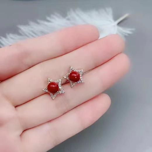 丁摩 天然原矿朱砂耳钉s925银招财转运本命年百搭喜庆耳饰女4ZF-123001 商品图6