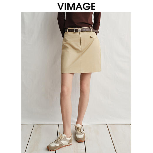 VIMAGE纬漫纪复古高级感卡其色高腰a字纯棉短裙半身裙春新款V2306905 商品图0