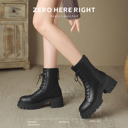 ZHR厚底马丁靴女2024秋冬新款ins系带短靴薄绒保暖女靴法式瘦瘦靴 商品图7