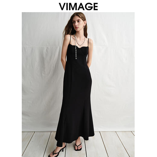 VIMAGE纬漫纪设计感抹胸细吊带黑色鱼尾轻礼服连衣裙2025春季新款V2377901 商品图5