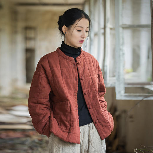 雀说女装新款苎麻夹棉绗缝方格棉袄棉服时尚文艺个性女式短棉衣AL3332 商品图2
