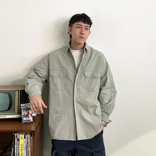 徐太浪日系复古工装长袖衬衫男2025春季新款休闲拼接口袋衬衣外套 商品图2
