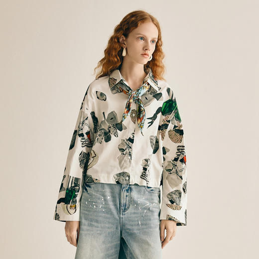 谜底印花衬衫长袖女2025春季新款复古风花色纯棉短衬衣255MC6026 商品图0