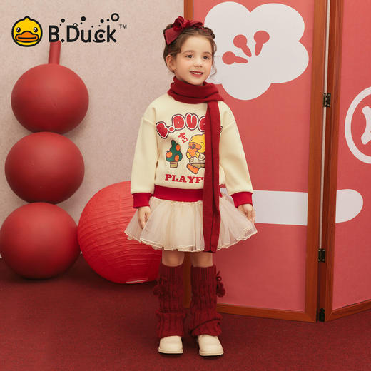 bduck小黄鸭童装冬季女童红色加绒卫衣套头衫新年冬装拜年服保暖上衣105-150 BF5531060 商品图1