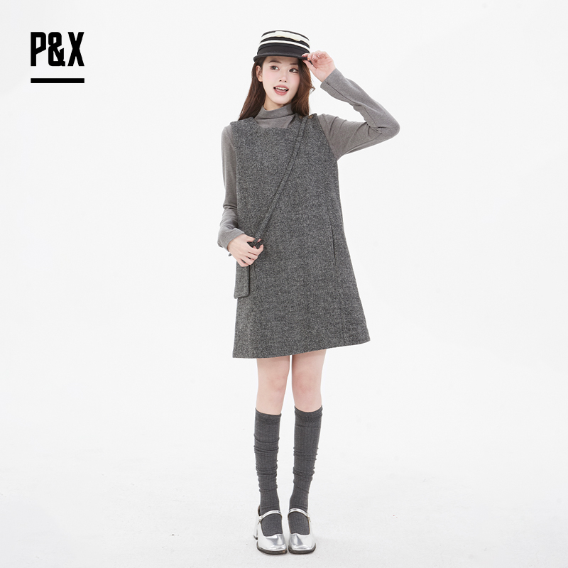 P&X设计师女装春季斜挎包设计长袖半高领套装短裙825114018 灰色