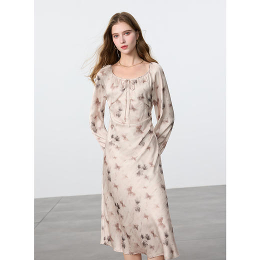 三彩独醒2025春季新款系带大方领碎花连衣裙垂感A字长裙优雅F 商品图3