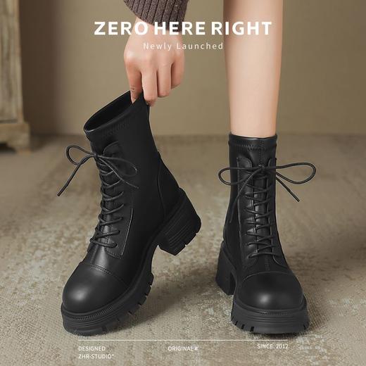 ZHR厚底马丁靴女2024秋冬新款ins系带短靴薄绒保暖女靴法式瘦瘦靴 商品图5