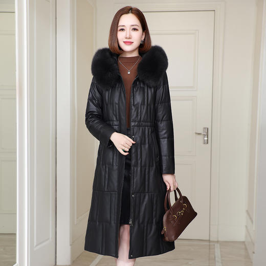 丁摩 100%绵羊皮狐狸毛领连帽鹅绒皮羽绒服女式真皮皮衣外套4ZF-77052B 商品图0