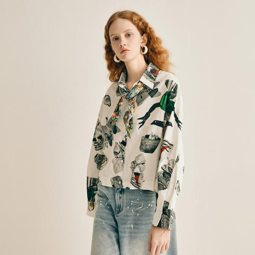 谜底印花衬衫长袖女2025春季新款复古风花色纯棉短衬衣255MC6026 商品图1