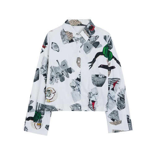 谜底印花衬衫长袖女2025春季新款复古风花色纯棉短衬衣255MC6026 商品图4