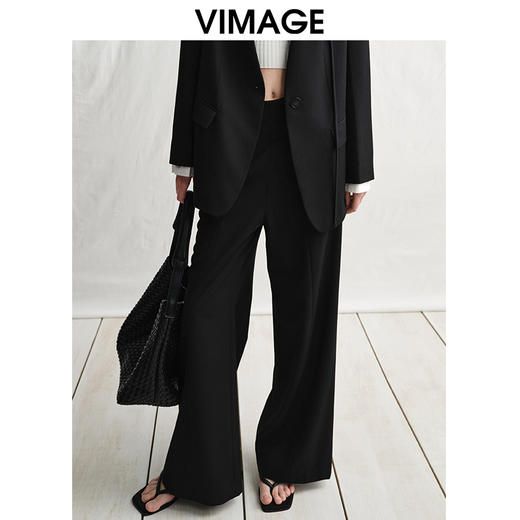 VIMAGE纬漫纪中式盘扣装饰设计感黑色微喇长裤休闲裤2025春季新款V2305901 商品图3