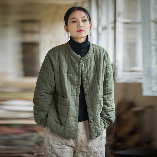 雀说女装新款苎麻夹棉绗缝方格棉袄棉服时尚文艺个性女式短棉衣AL3332 商品图0