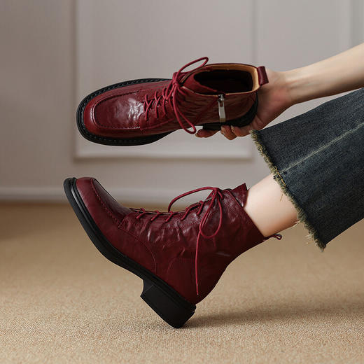 【预售5天】舒适4cm羊皮系带短靴，粗跟中跟圆头马丁靴XH&F7534 商品图2