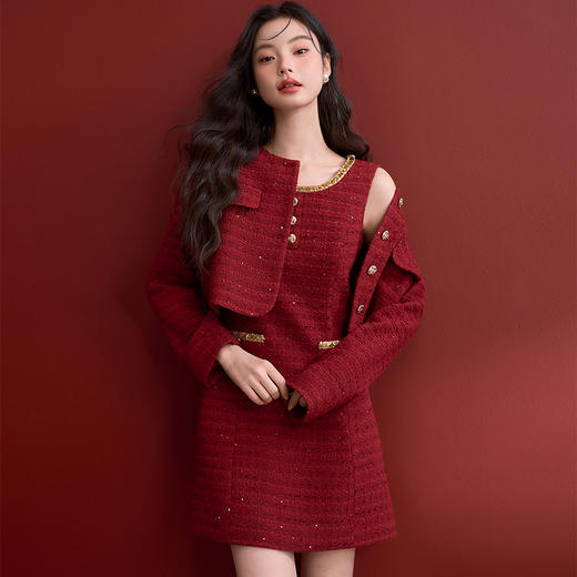 西遇红色小香风外套套装女早春新款新年穿搭背心裙两件套V0150063/V0150064 商品图3