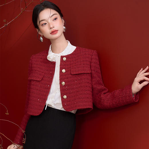 西遇红色小香风外套套装女早春新款新年穿搭背心裙两件套V0150063/V0150064 商品图2