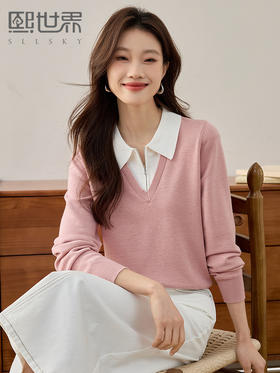 【专属特价】熙世界法式撞色POLO领针织衫假两件拼接粉色上衣2025年早春新款