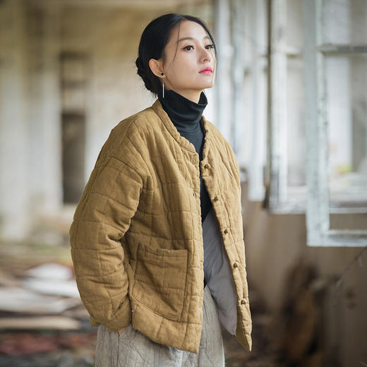 雀说女装新款苎麻夹棉绗缝方格棉袄棉服时尚文艺个性女式短棉衣AL3332 商品图1