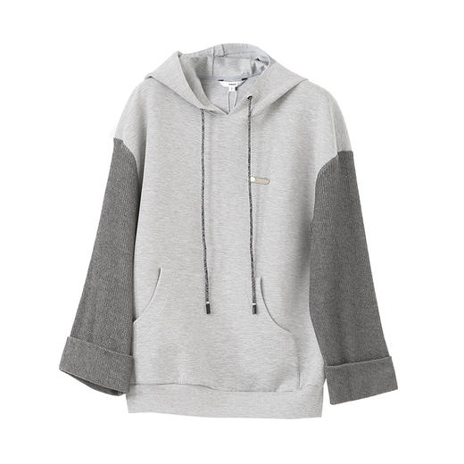 VIMAGE纬漫纪宽松休闲显瘦落肩拼接连帽灰色百搭卫衣2025春季新款V2313901 商品图6