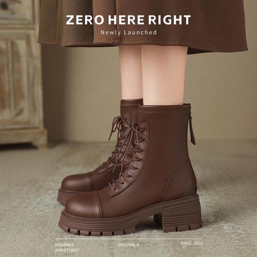ZHR厚底马丁靴女2024秋冬新款ins系带短靴薄绒保暖女靴法式瘦瘦靴 商品图9