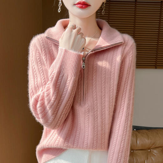 丁摩 秋冬新款翻领针织全羊毛衫女士半拉链扭花毛衣时尚气质长袖外套4ZF-367 商品图2