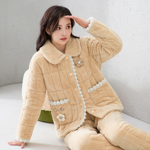 芬腾夹棉睡衣 男女款 冬季加厚加绒三层超厚棉袄 保暖套装 珊瑚绒家居服 商品图1