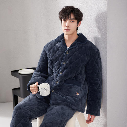 芬腾夹棉睡衣 男女款 冬季加厚加绒三层超厚棉袄 保暖套装 珊瑚绒家居服 商品图8