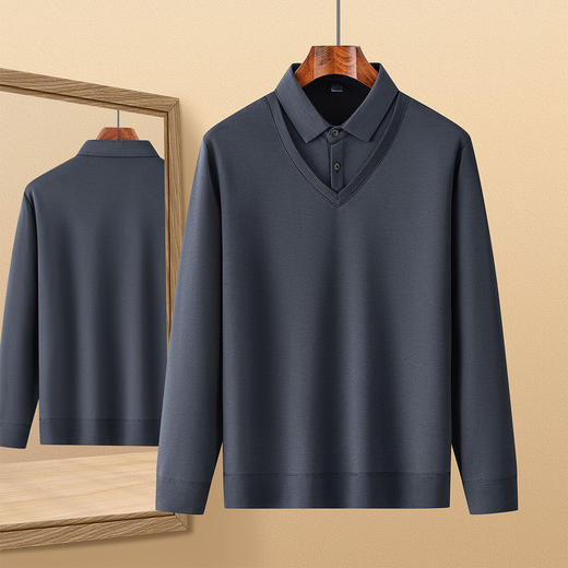 罗蒙假两件衬衫领针织衫男士衬衫长袖衬衫男中老年爸爸装 商品图1