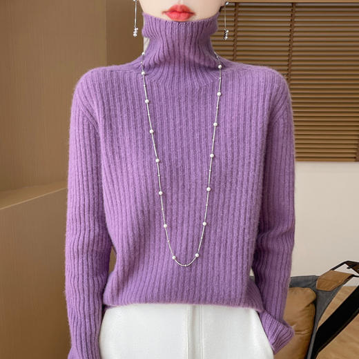 雀说100纯羊毛无缝一体重磅七针加厚高领坑条女士毛衣ALD23965 商品图7