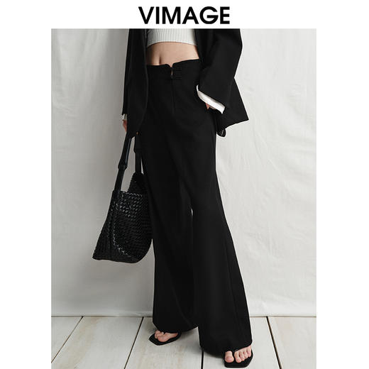 VIMAGE纬漫纪中式盘扣装饰设计感黑色微喇长裤休闲裤2025春季新款V2305901 商品图2
