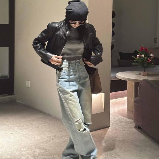 顺丰包邮15432洛诗琳2025新款重工做旧高腰直筒破洞牛仔裤女838 商品图1