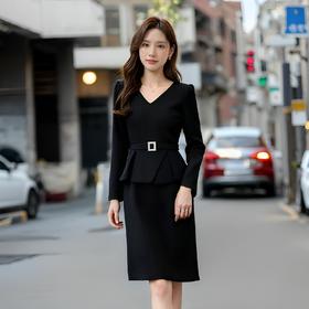 奢姿2025年春装新款大码女装气质V领连衣裙胖妹妹腰带设计裙子3223802531