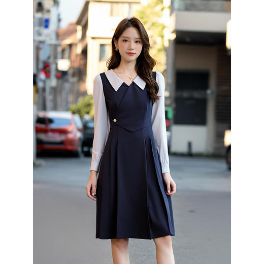 奢姿2025年春季新款大码女装翻领减龄裙子胖mm撞色简约时尚连衣裙9933860185 商品图4