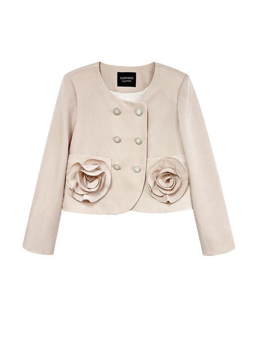 立体鎏金玫瑰香槟粉短款西装外套 商品图0