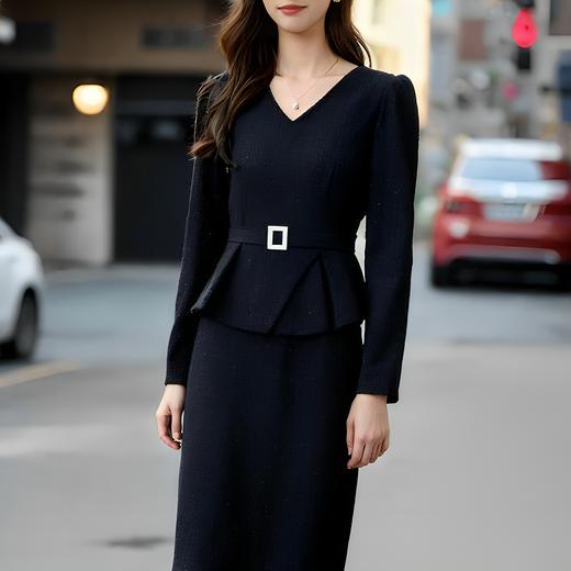 奢姿2025年春装新款大码女装气质V领连衣裙胖妹妹腰带设计裙子3223802531 商品图4